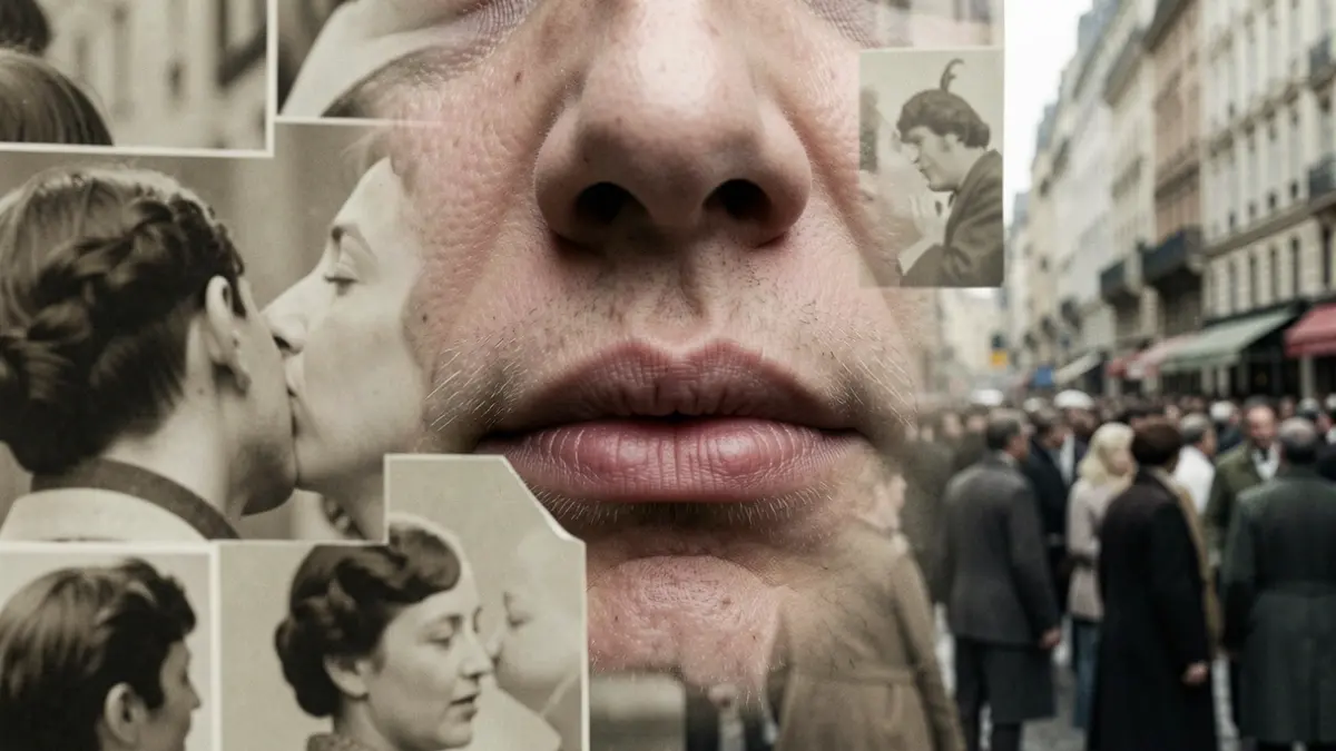 Image of an artwork using kissing imagery to explore violence.