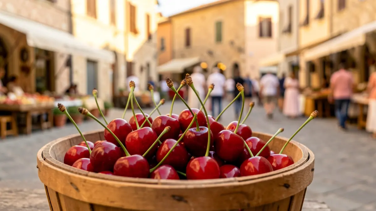 Generic image of cherries in a wooden basket with a Mediterranean town in the background.