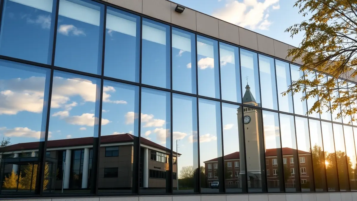 Fachada de un edificio municipal moderno con ventanas de cristal, reflejando el cielo, con la luz del sol de la tarde.