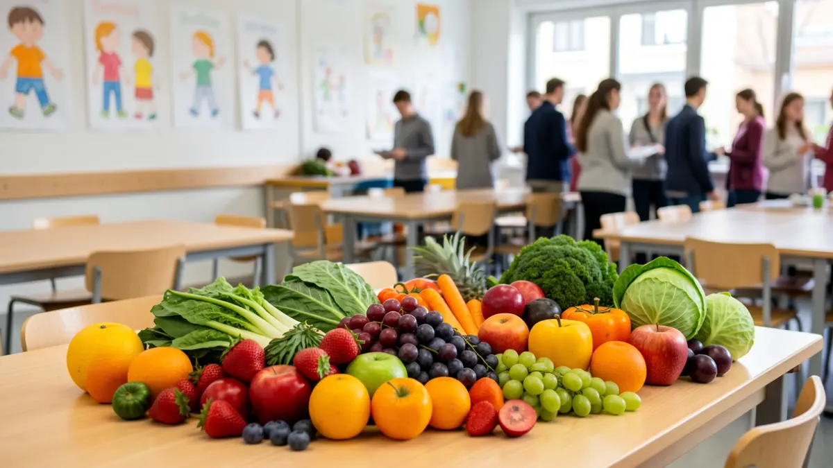 Imatge genèrica de fruites i verdures fresques en un menjador escolar.