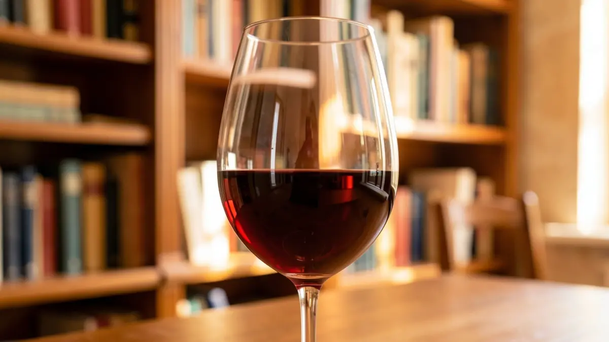 Wine glass with books in the background, literary and enological atmosphere.