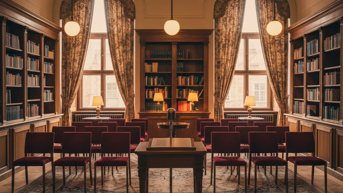 Imagen genérica de un interior de biblioteca con estanterías de madera y un podio con micrófono, con una iluminación cálida.