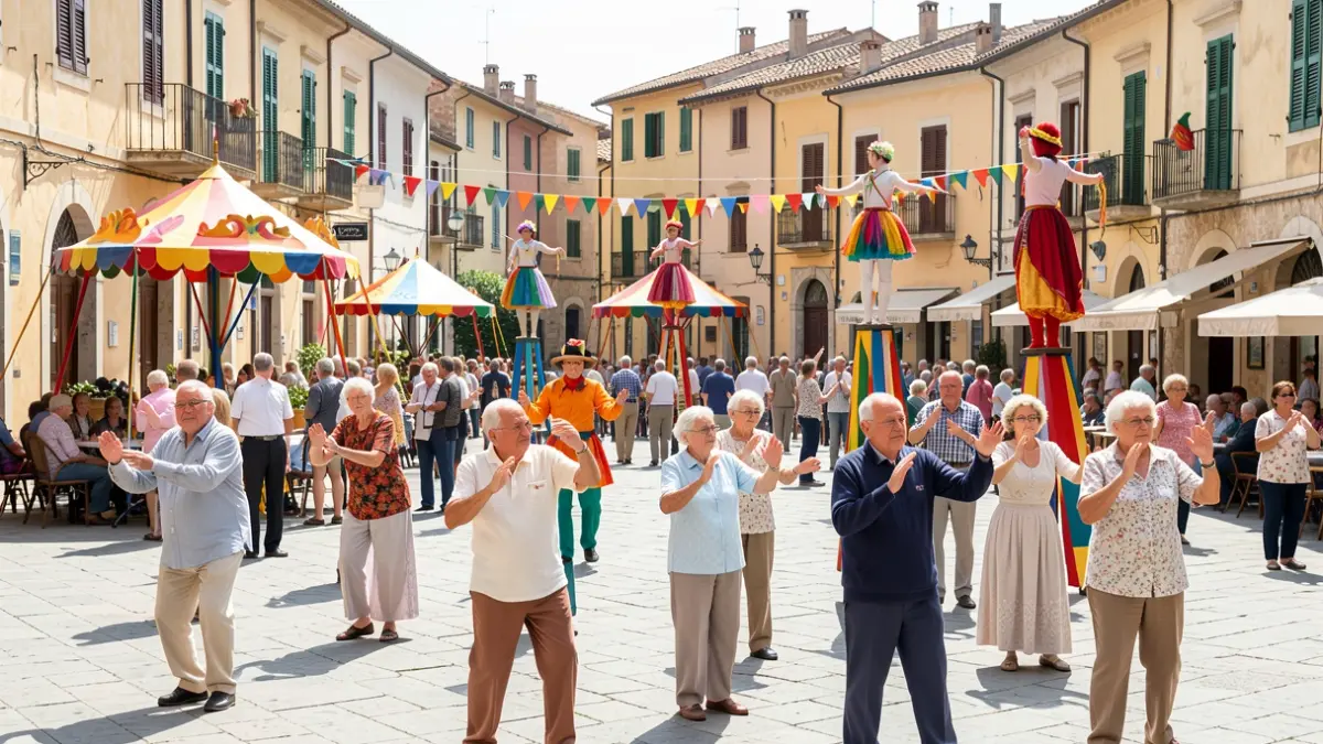 Generic image of a circus-themed end-of-course festival for physical activities for seniors in Castelló's Plaza Mayor.