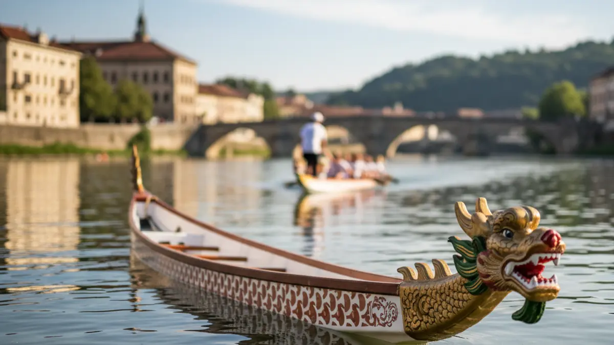 Imagen de una embarcación Dragon Boat con remeros en un evento deportivo.