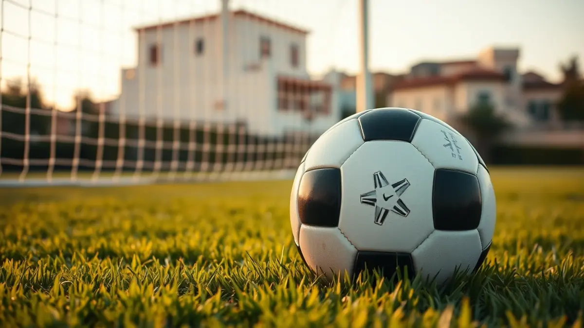 Imatge genèrica d'una pilota de futbol en la gespa, amb una porteria desenfocada al fons.