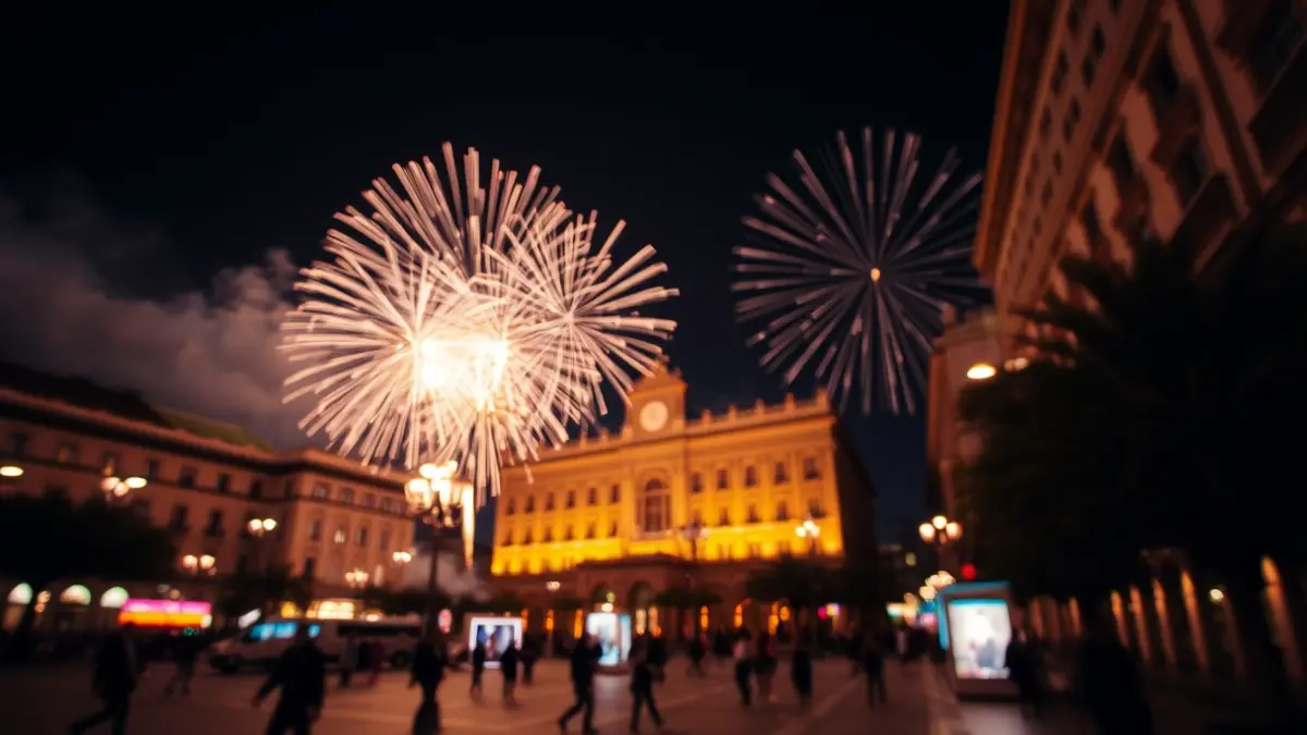 Imagen de una mascletà nocturna en la plaza del Ayuntamiento de Valencia, con fuegos artificiales iluminando el cielo y la fachada del edificio consistorial.