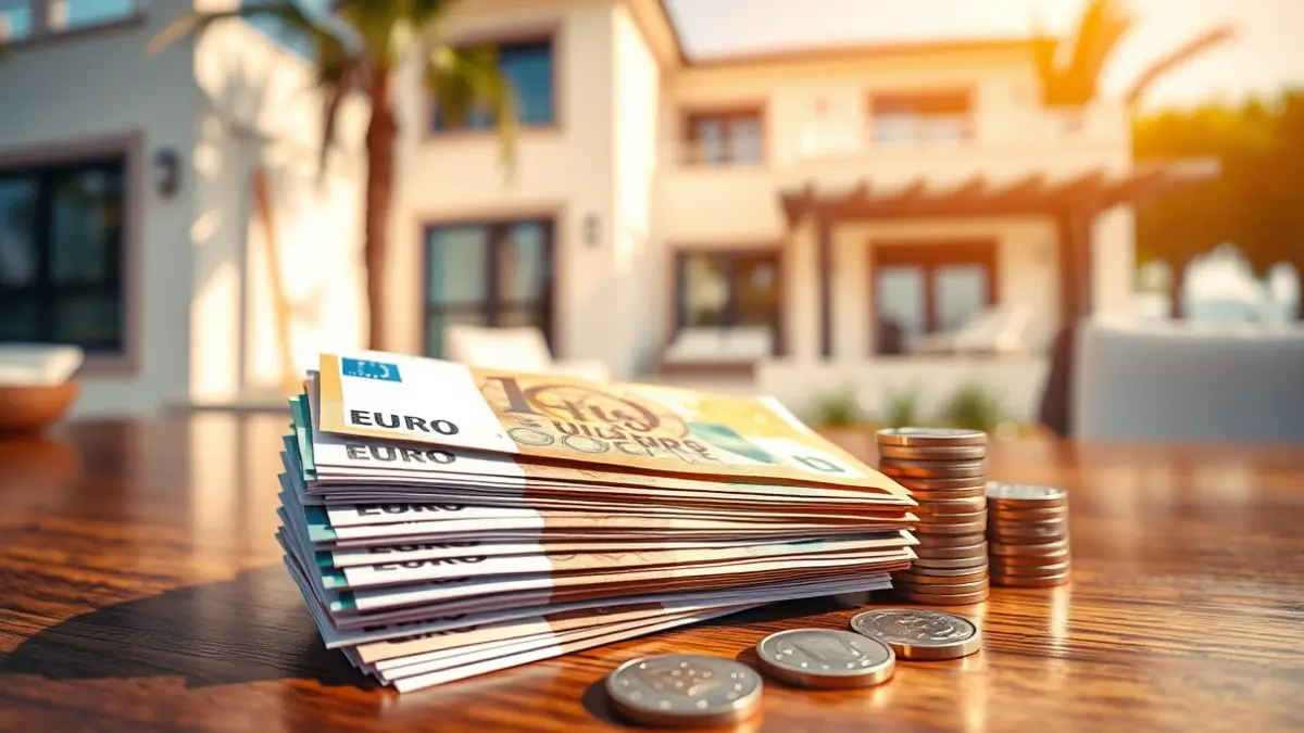 Generic image of cash on a table, with a blurred luxury house in the background, symbolizing cash real estate purchases.