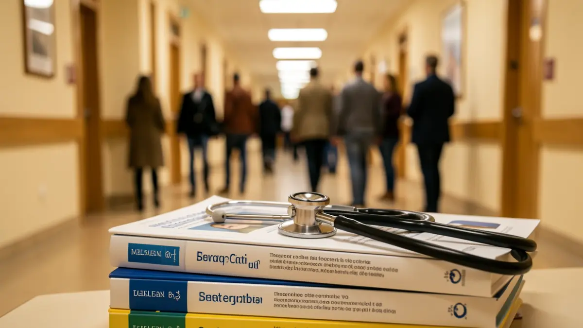 Imatge genèrica d'un estetoscopi sobre llibres mèdics en un hospital.