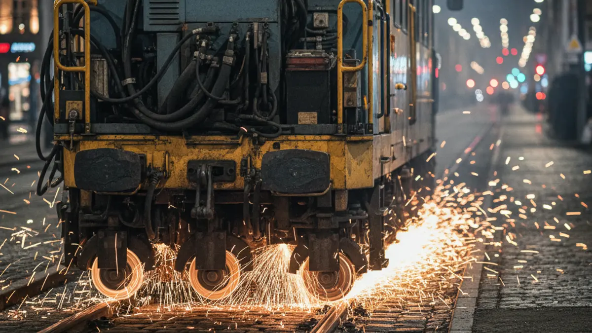 Generic image of a maintenance train working on tram tracks at night.