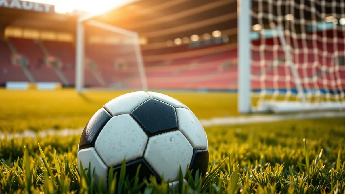 Imatge genèrica d'una pilota de futbol en la gespa d'un estadi, amb la porteria desenfocada al fons.