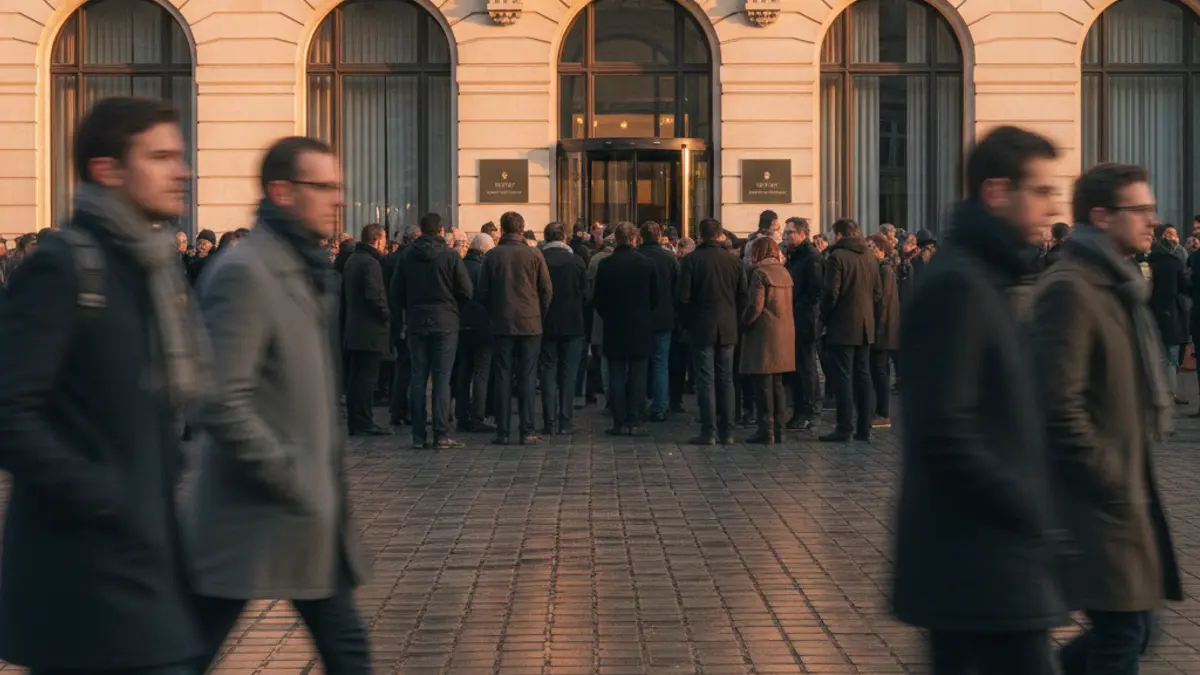 Imatge genèrica d'un grup de persones concentrades a l'exterior d'un edifici, amb figures borroses en primer pla, suggerint una reunió espontània o protesta.