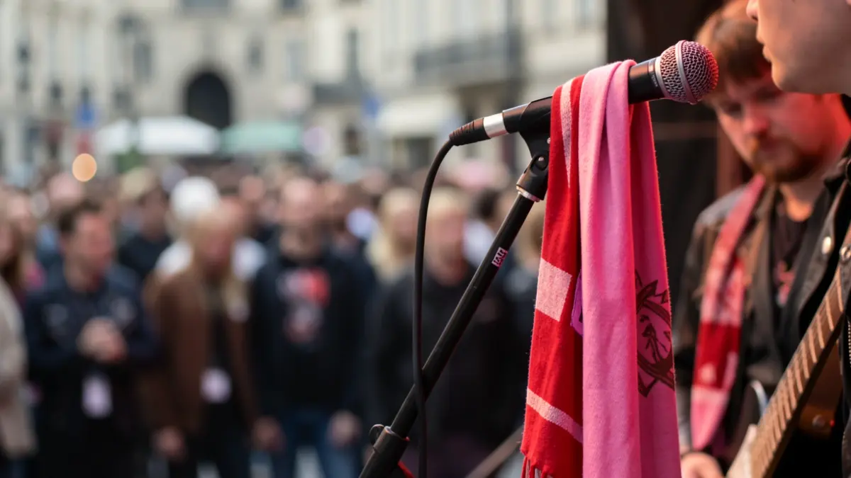 Imagen genérica de un micrófono con un pañuelo rosa y rojo.