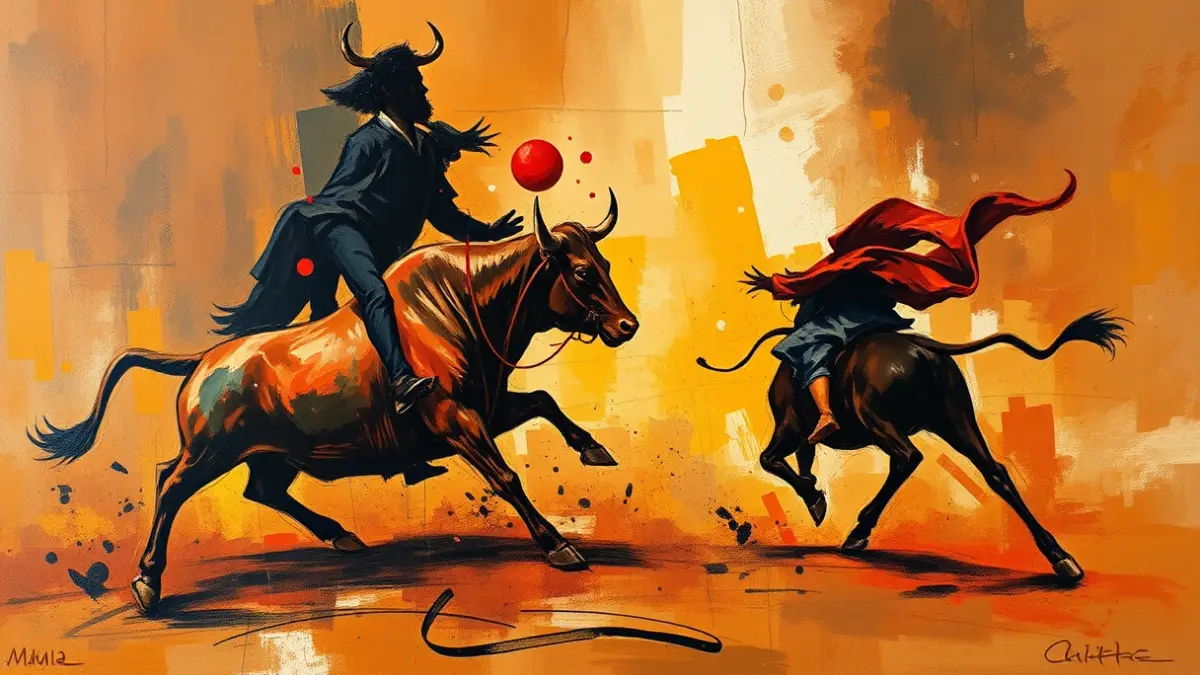 Image of an abstract contemporary painting with bold brushstrokes and rich textures, depicting a bullfighting scene with dynamic movement and symbolic elements, in the style of Miquel Barceló.