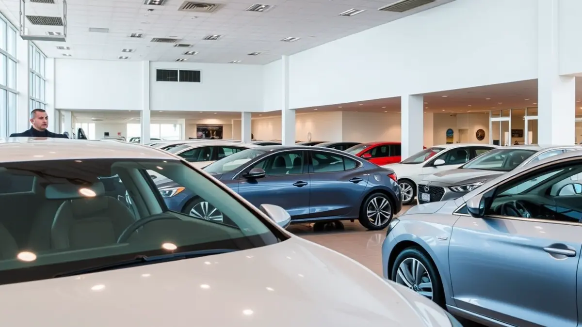 Imagen genérica de un concesionario de automóviles moderno con varios modelos de coches expuestos.