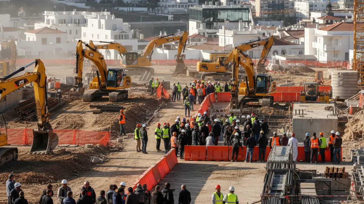 Imatge d'unes obres d'urbanització amb maquinària pesada i tanques de seguretat, amb edificis costaners al fons.