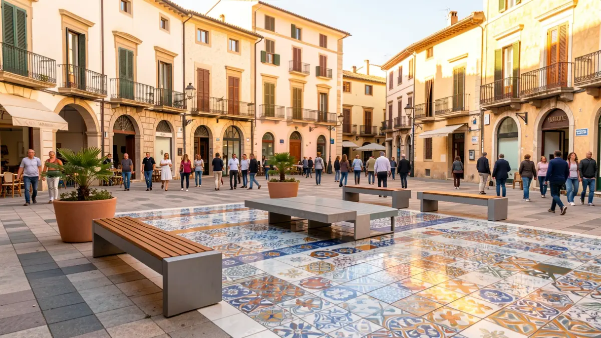 Generic image of a Mediterranean public square with ceramic elements.