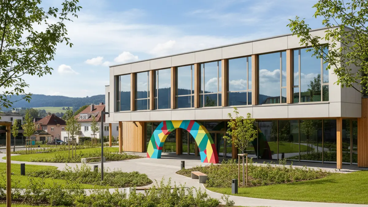 Image of a modern school building with large windows and a colorful entrance, surrounded by green spaces.