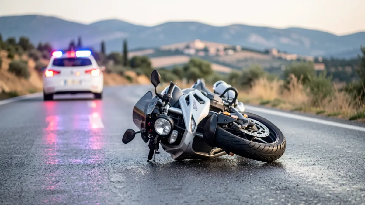 Generic image of a motorcycle accident on a wet road with emergency lights.