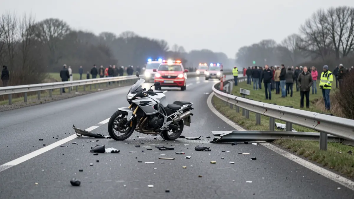 Generic image of a motorcycle accident on a highway curve with damaged guardrails and emergency lights.