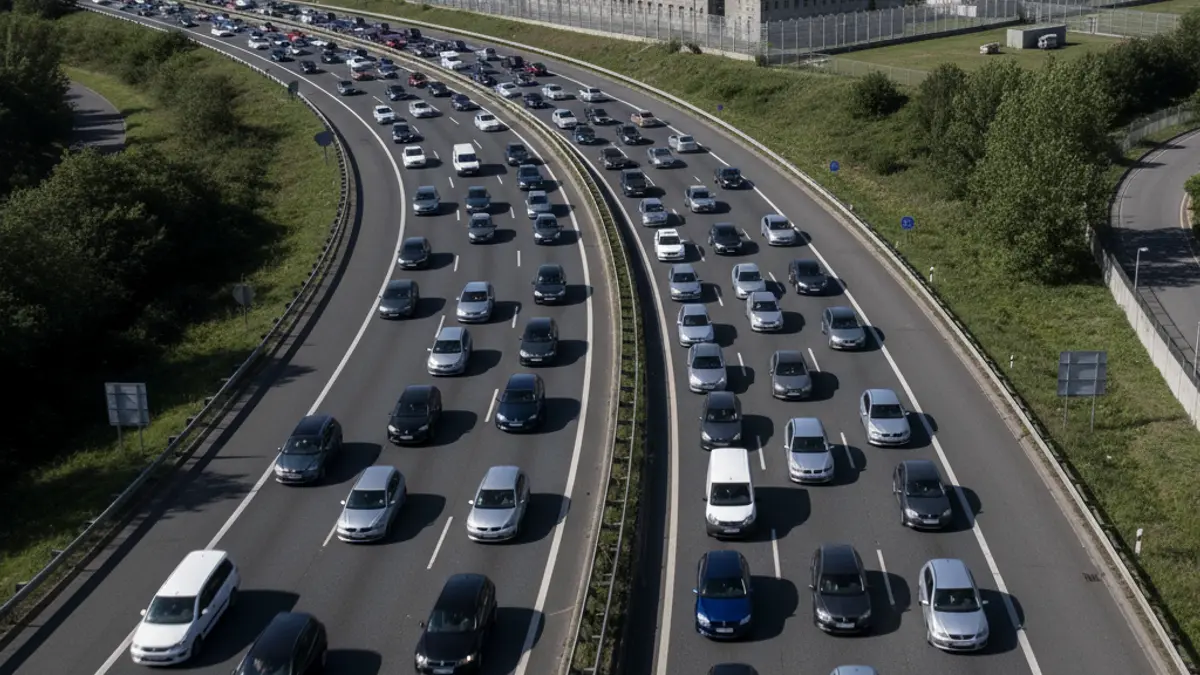 Imagen aérea de una autopista con tráfico denso y retenciones en hora punta, con un centro penitenciario al fondo.
