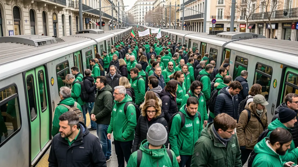 Generic image of people dressed in green on a metro platform in Valencia preparing for a demonstration.