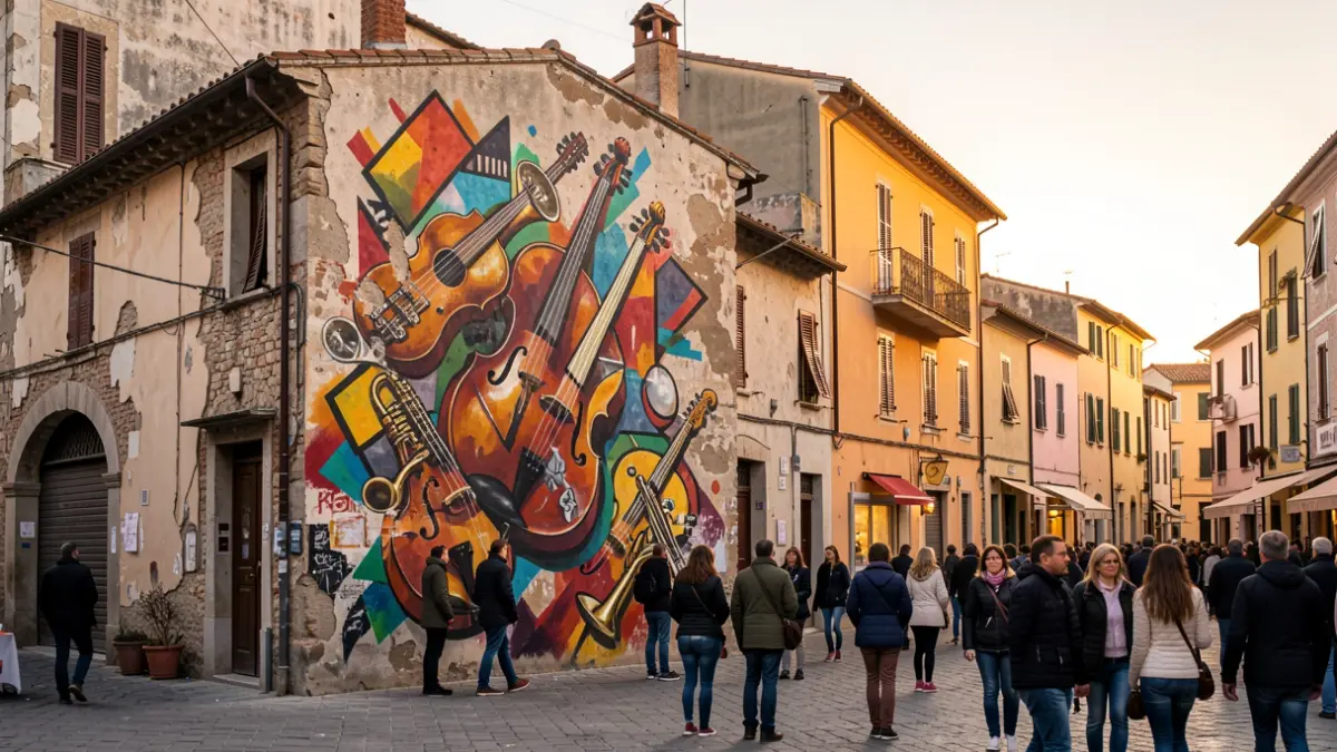 Imatge d'un mural artístic amb instruments musicals en un carrer d'Oriola.
