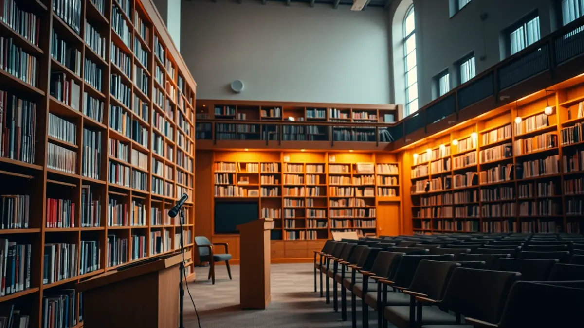 Generic image of a library interior with wooden bookshelves and a podium with a microphone, with a warm reading atmosphere.