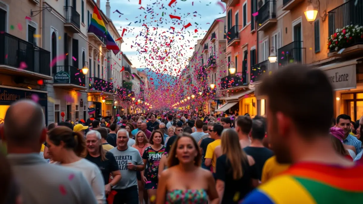 Imagen genérica de una celebración del Orgullo con confeti y multitud borrosa en un ambiente festivo.
