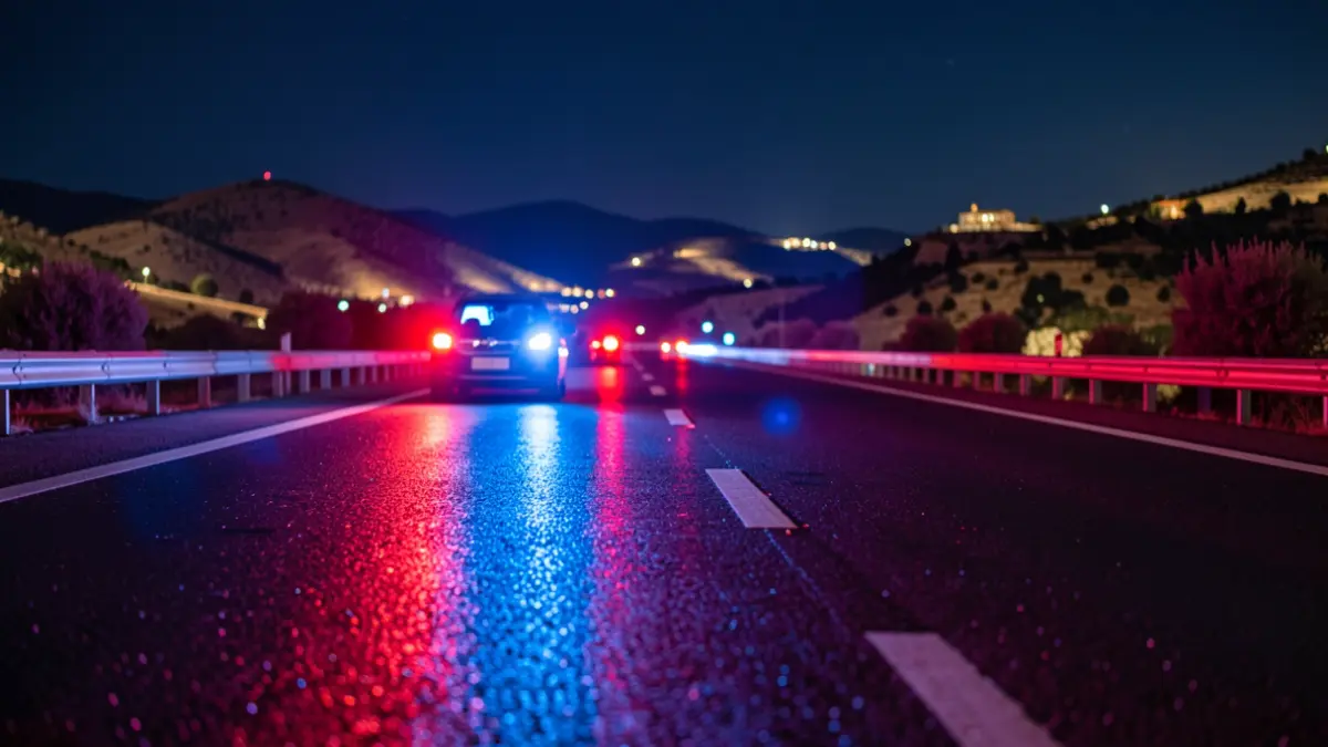 Generic image of emergency lights on a wet highway.