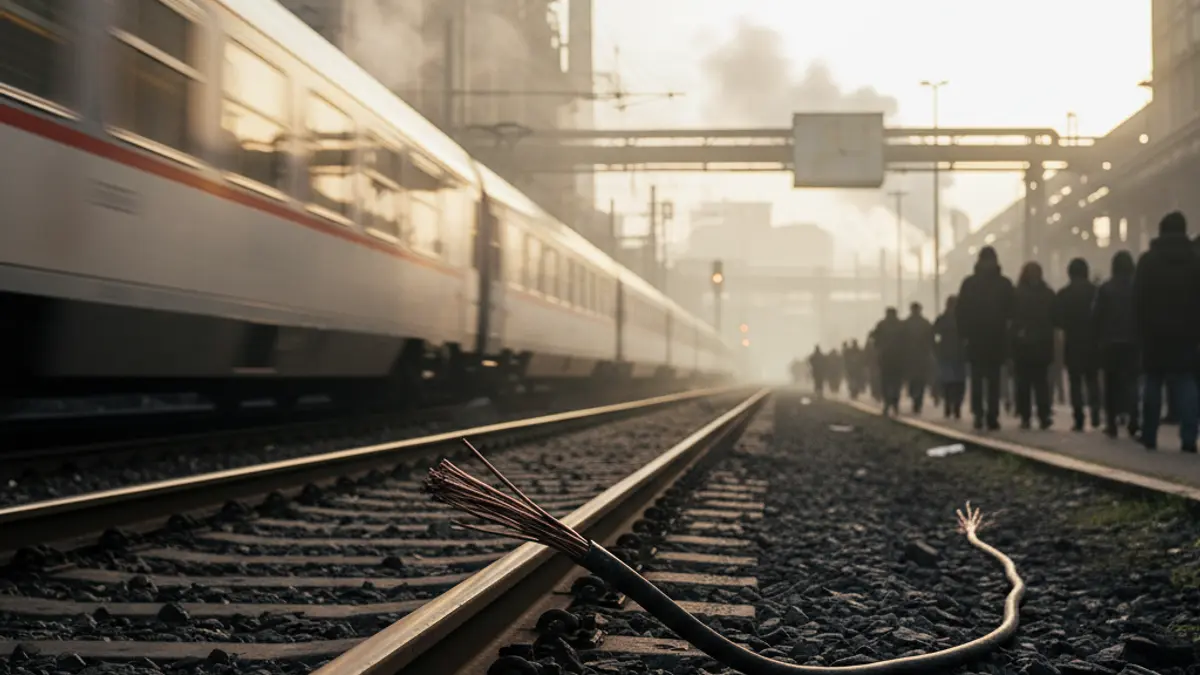 Imagen de un cable de cobre roto junto a una vía de tren, con un tren desenfocado al fondo, en un ambiente industrial a primera hora de la mañana.