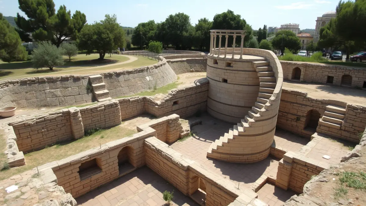 Image of archaeological remains with stone foundations and a spiral staircase fragment, surrounded by urban green space.