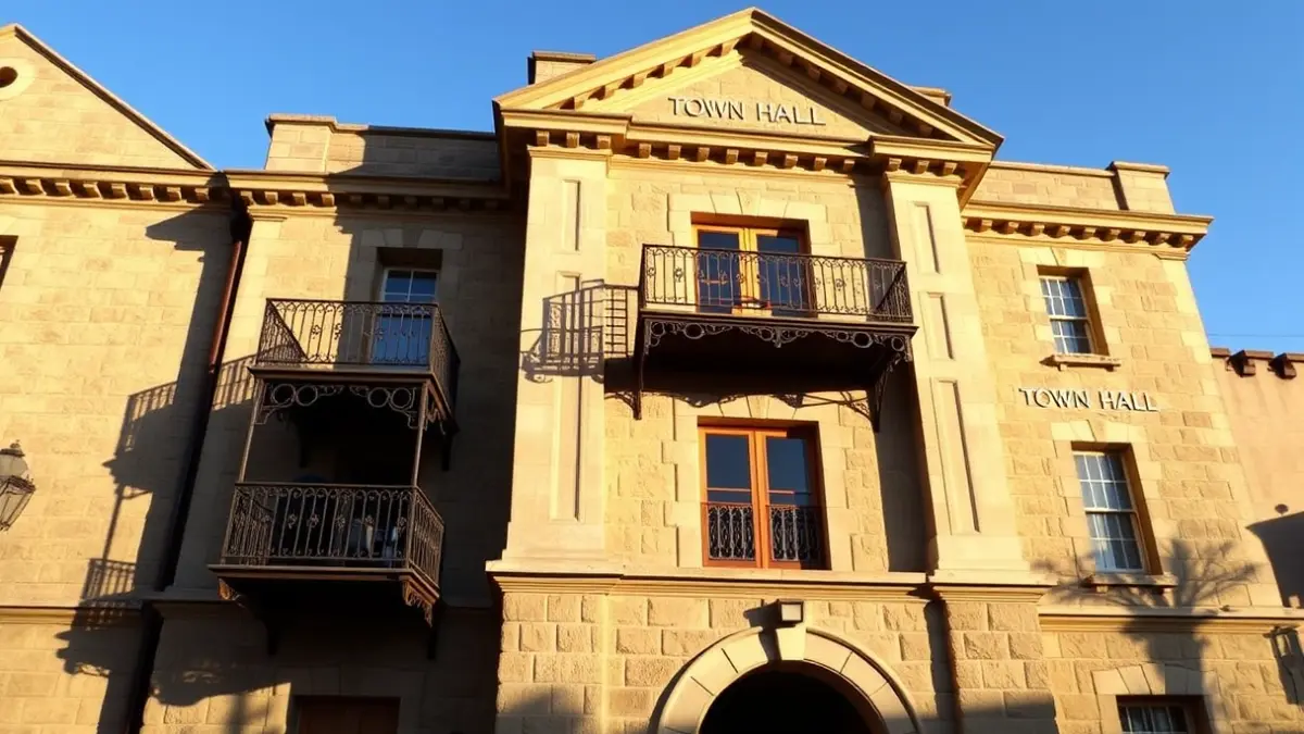 Fachada del ayuntamiento de Novelda, con balcones y barandillas de hierro, bañada por la luz del sol de la tarde.