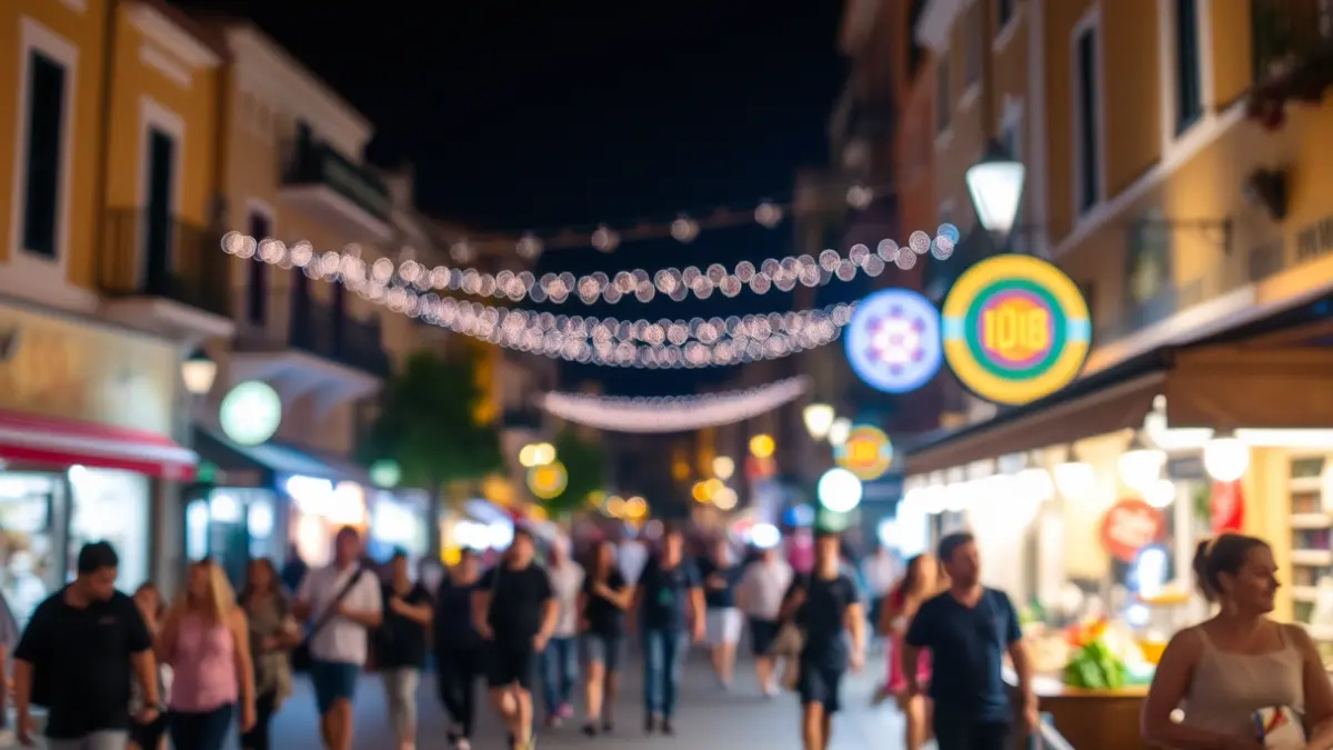 Imagen genérica de una noche abierta en una ciudad mediterránea, con luces borrosas de comercios y gente paseando.