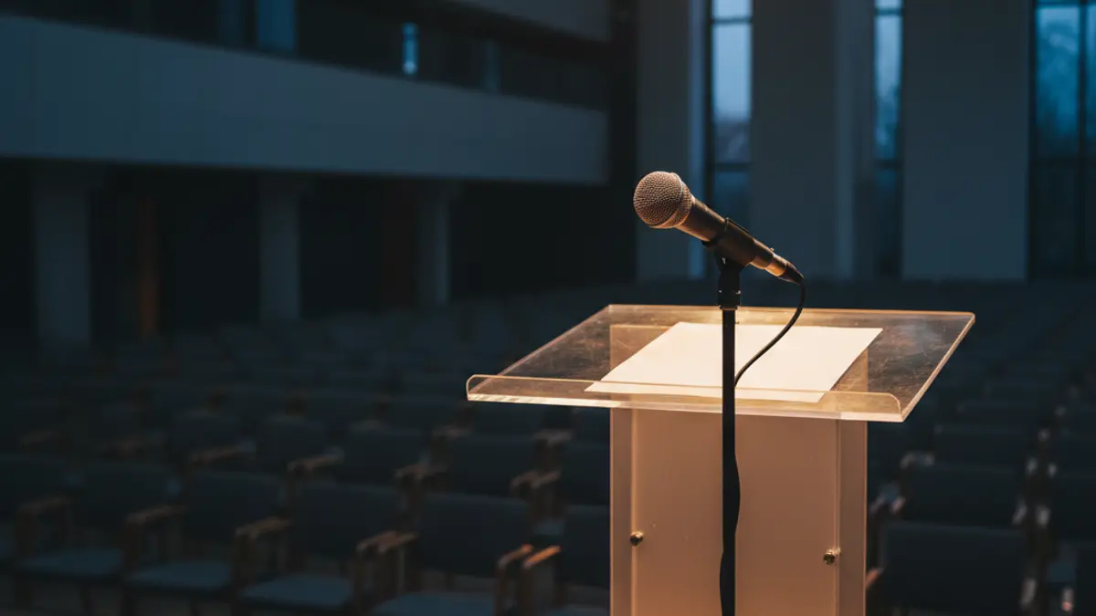 Imagen genérica de un micrófono en un atril en una sala de conferencias.