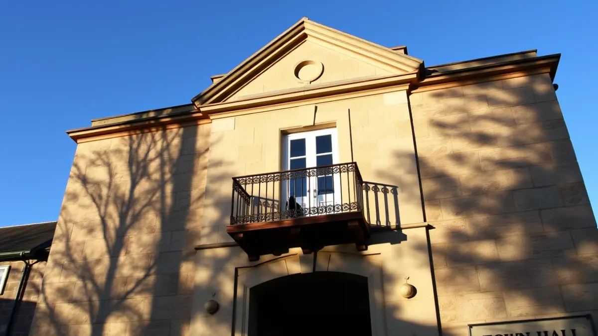 Facade of Nules town hall with wrought iron balconies and warm sunlight.