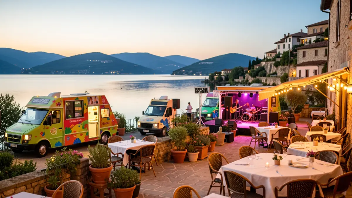 Imagen genérica de una terraza exterior con food trucks y escenario para música.