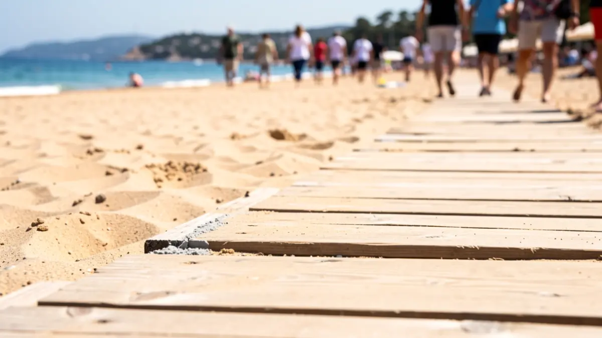 Repair works on a wooden walkway at a beach on the Valencian coast.