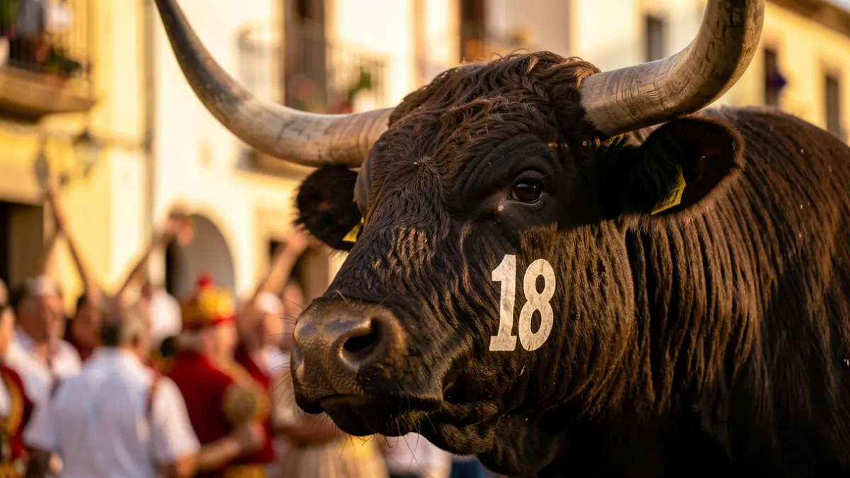 Imatge genèrica d'un bou amb el número 18, representant 'Bellotito' de la ramaderia Partido de Resina, en un ambient festiu.