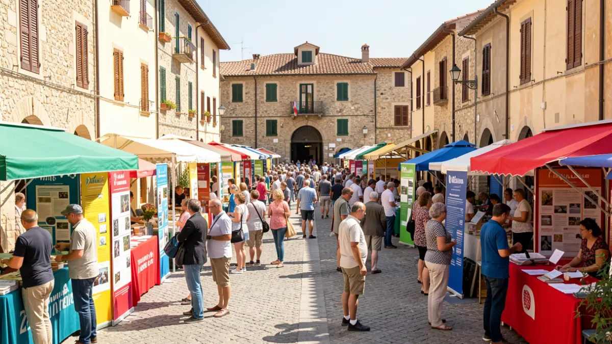 Imatge genèrica d'una fira solidària en una plaça amb estands informatius.
