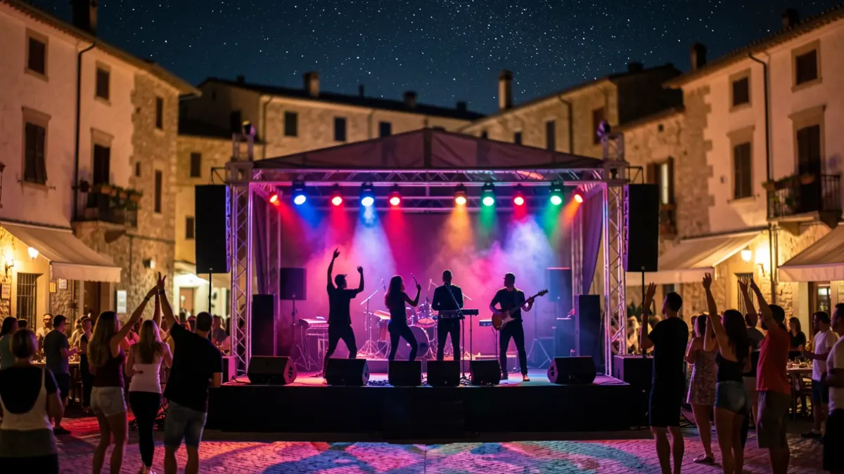 Imatge genèrica d'un escenari exterior en una plaça mediterrània de nit, amb llums i siluetes d'artistes.