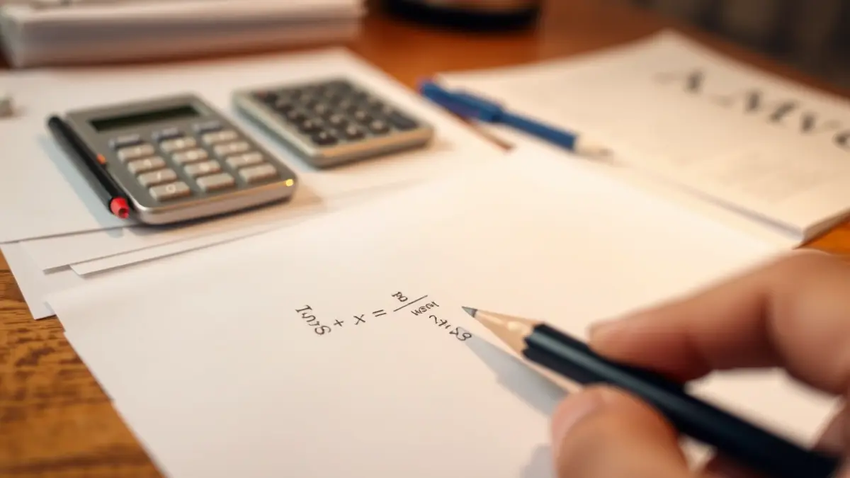 Imagen genérica de una mano con un lápiz sobre una ecuación matemática, con otros papeles y una calculadora desenfocados al fondo.