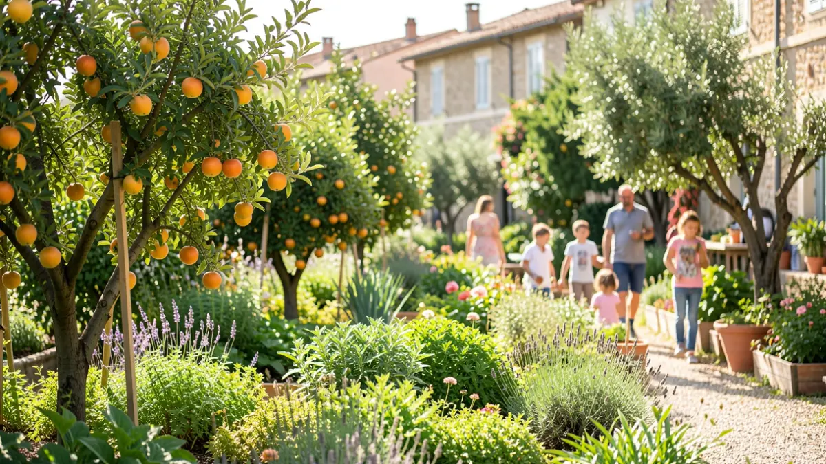 Imagen genérica de un parque urbano con jardín comestible y árboles frutales.