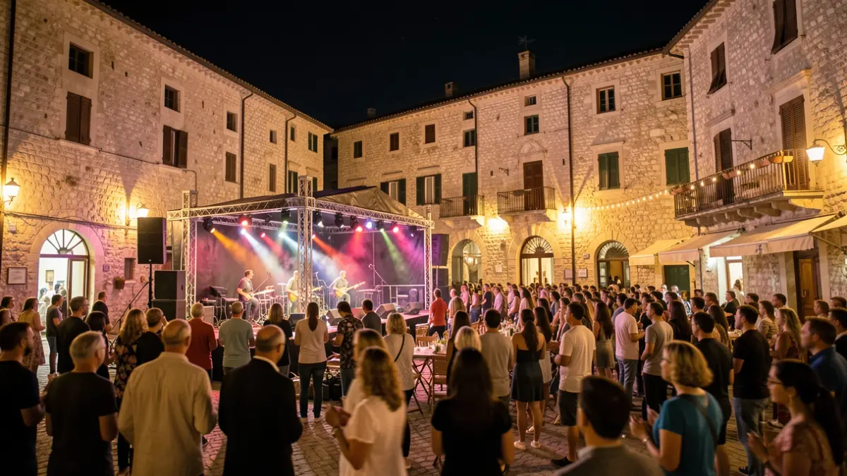 Generic image of a music stage in a historic town square at night, with audience and lights.