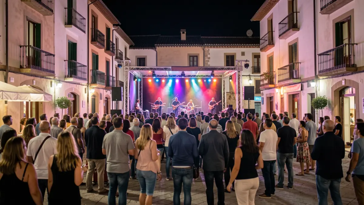 Imatge genèrica d'un escenari exterior il·luminat durant un festival de música a la nit.