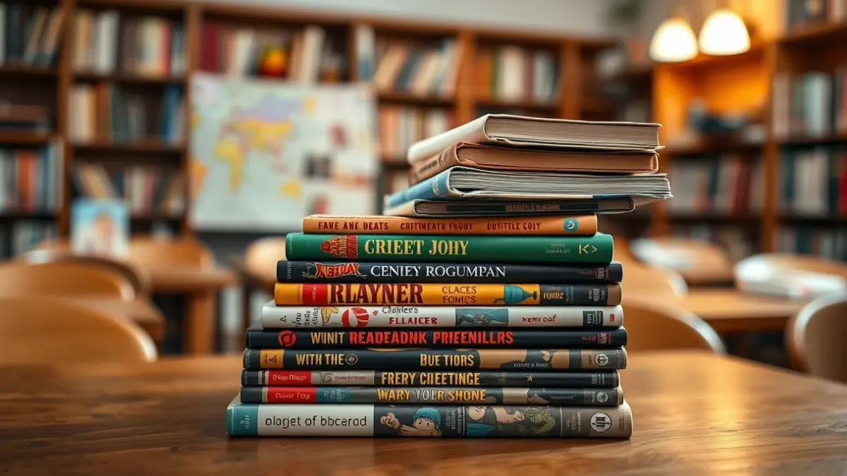 Generic image of books and comics on a table, with a blurred background of a library or classroom, symbolizing the promotion of reading and education.
