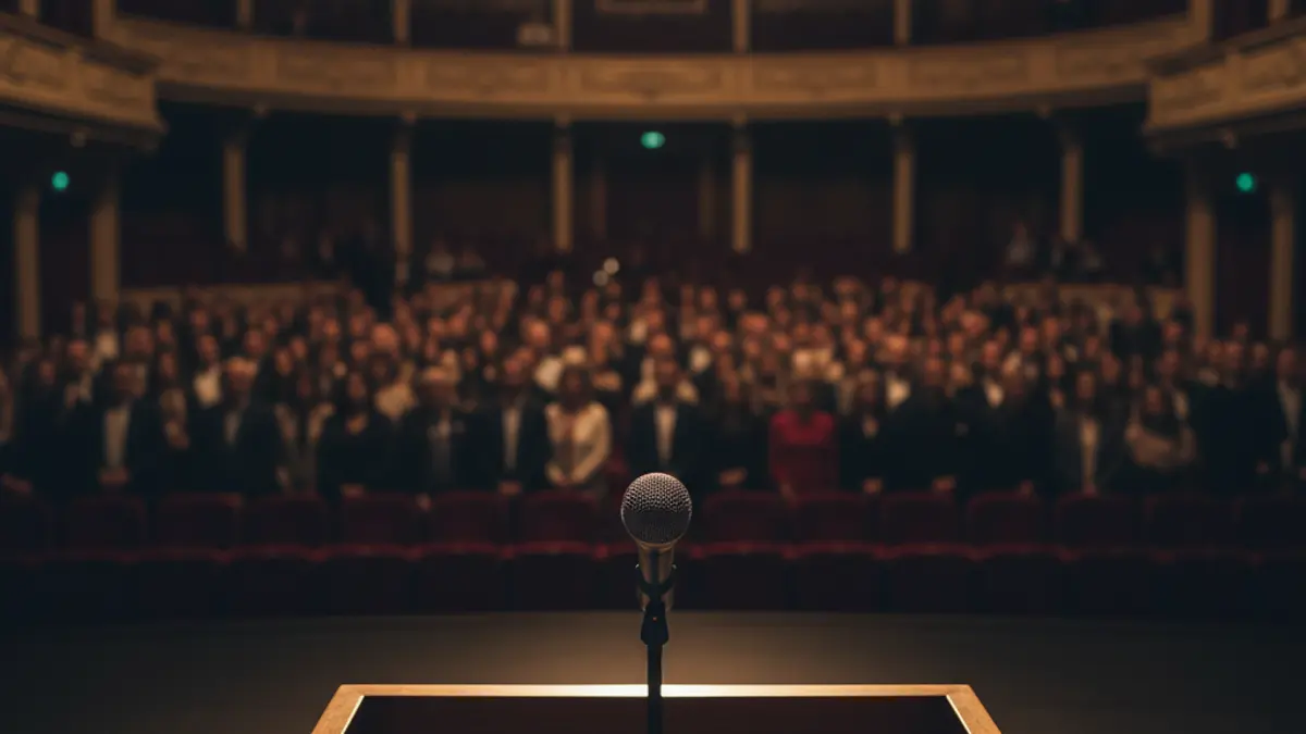 Imatge genèrica d'un micròfon en un faristol en un auditori, amb seients borrosos al fons.