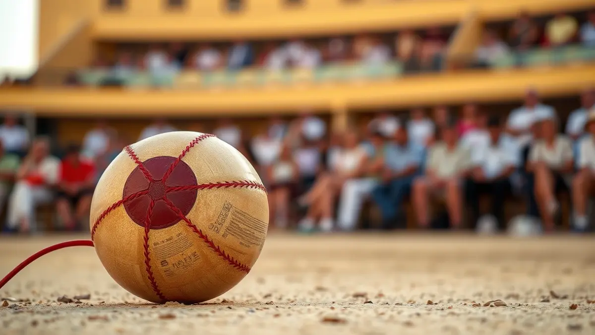 Generic image of a Valencian pilota ball on a trinquete court, with blurred court lines and audience seating.