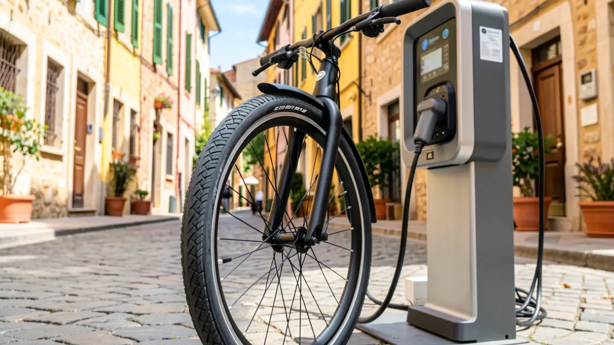 Generic image of a shared electric bicycle at an urban charging station.