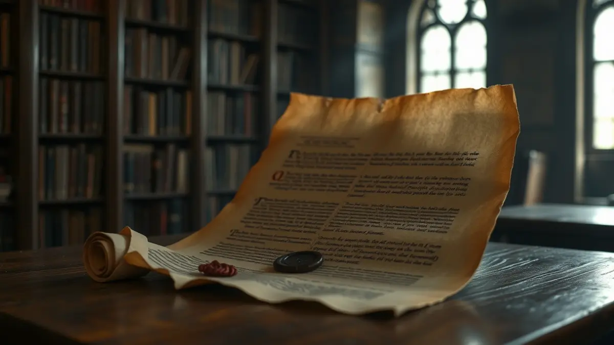 Generic image of an ancient parchment scroll with faded text and a wax seal, on a wooden table in a historical archive.