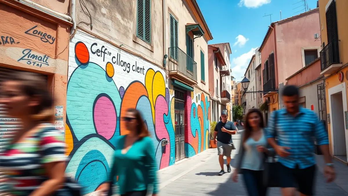 Image of an urban art mural on a wall in a Mediterranean neighborhood, with abstract shapes and bright colors.
